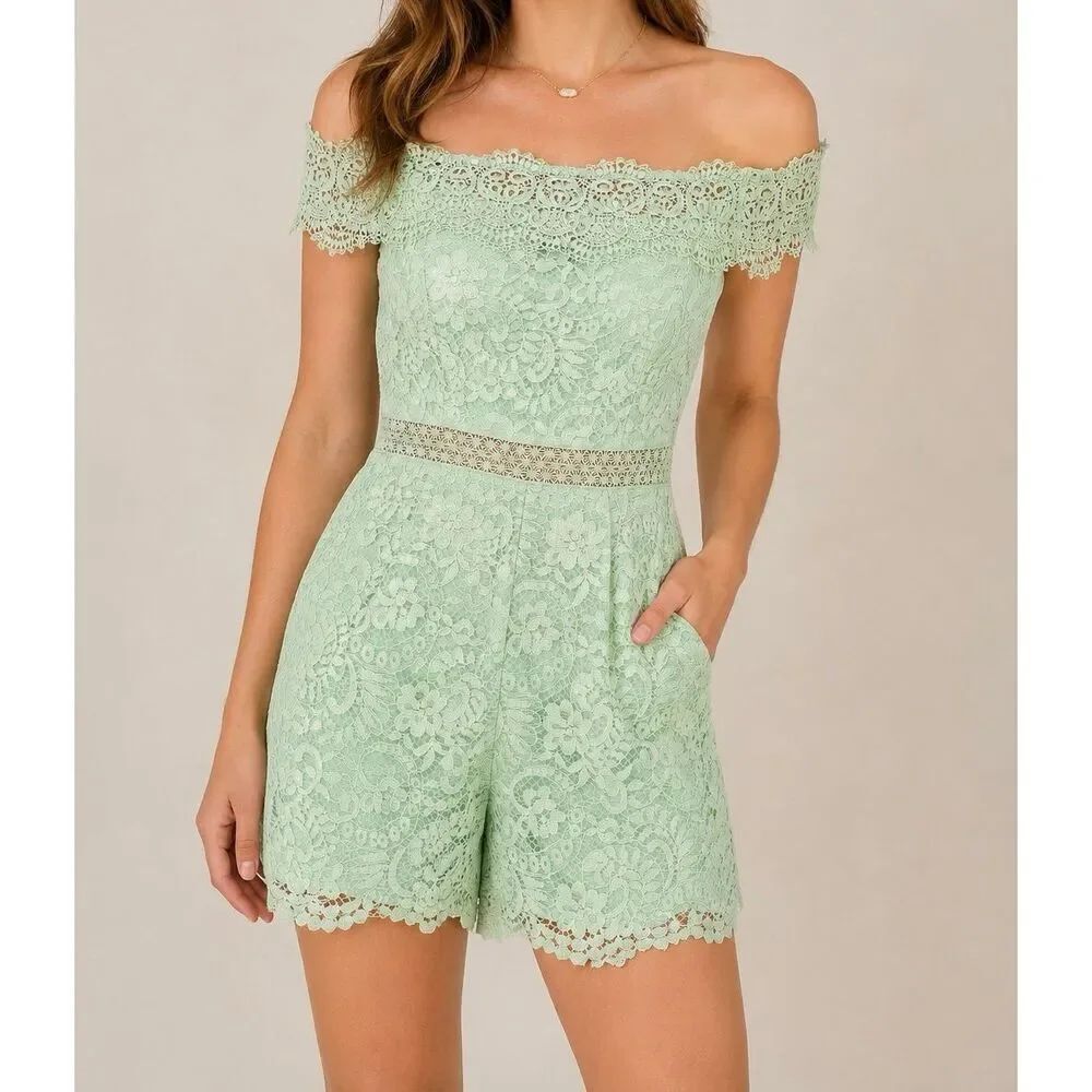 Francesca’s Mint Green Lace Off Shoulder Romper Medium Boho Feminine